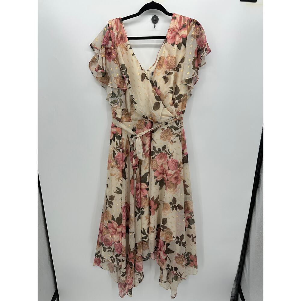 NW Nightway Floral V-Neck Handkerchief Hem Dress Cream Gold Foil 18W 22165W